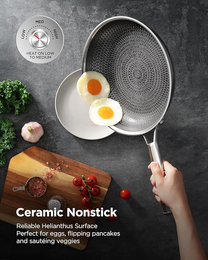 Nonstick Frying Pan Set, Non-Toxic Tri-Ply Hybrid Ceramic Skillet 3 Piece, 8, 10 & 12 Inch Stainless Steel Pans, PFAS/PFOA/PTFE Free, Metal Utensil Safe, Dishwasher & Oven Safe, Induction Compatible