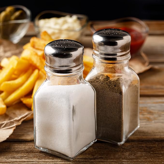 Salt and Pepper Shakers Glass Set, Clear Home and Kitchen Design with Stainless Steel Lids