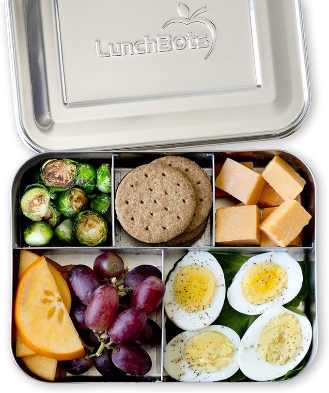 LunchBots Large Cinco Stainless Steel Lunch Container - Five Section Design Holds a Variety of Foods - Metal Bento Box - Dishwasher Safe - Stainless Lid