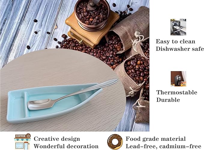 Coffee Stirring Spoon and Rest for Coffee Bar Accessories, Small Spoon Rest for Coffee Station, Coffee Spoon Holder for Coffee Bar Tea Spoon Teaspoon Rest, 1 PC (Oar Spoon with Turquoise Boat Rest)