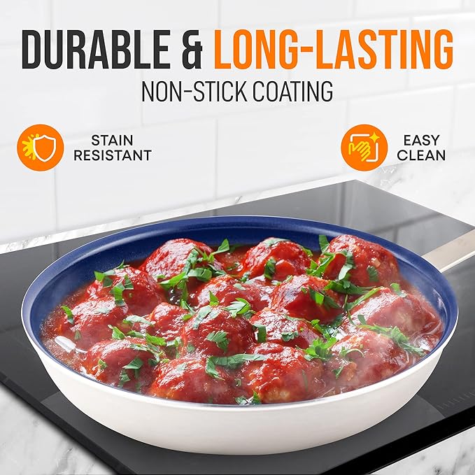 NutriChef 12" Non-Stick Medium Frying Pan, Ceramic Coating, Stainless Steel Aluminum Frying Pan with Silicone Handle, Stain-Resistant, PFOA Free – Safe for Gas, Electric, Induction, Ceramic Cooktops