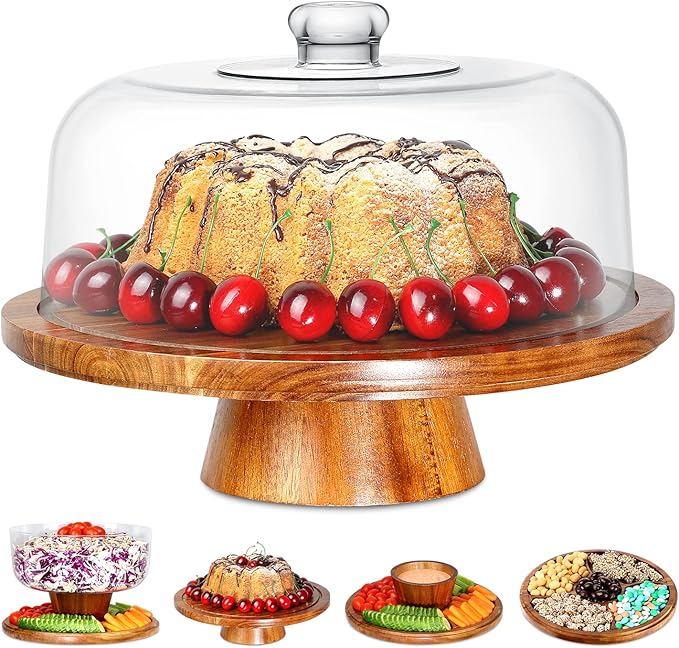 Homeries Acacia Wood Cake Stand with Lid, Cake Plate, (6 in 1) Multi-Functional Serving Platter, Large Cake Stand with Dome, Cake display stand with lid & Cake Dome - Use as Cake Holder, Cake Cover