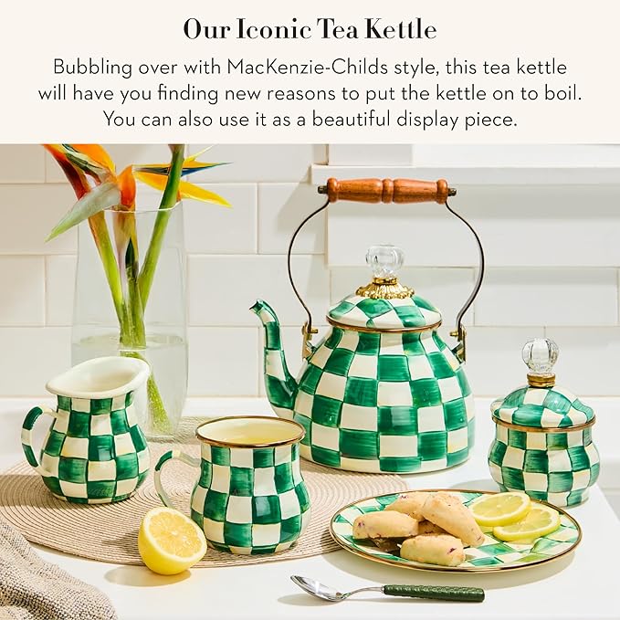 MACKENZIE-CHILDS Enamel Tea Kettle, Stylish Tea Kettle for Stovetop, Green-and-White Emerald Check, 2 Quarts