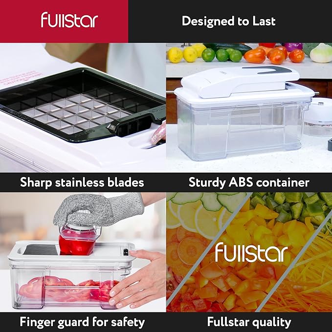 Fullstar All-in-1 Vegetable Chopper and Mandoline Slicer for Kitchen - Cheese Grater, French Fry Cutter, Cheese Slicer - Bonus Handheld Spiralizer Included (4 in 1, Black/White)
