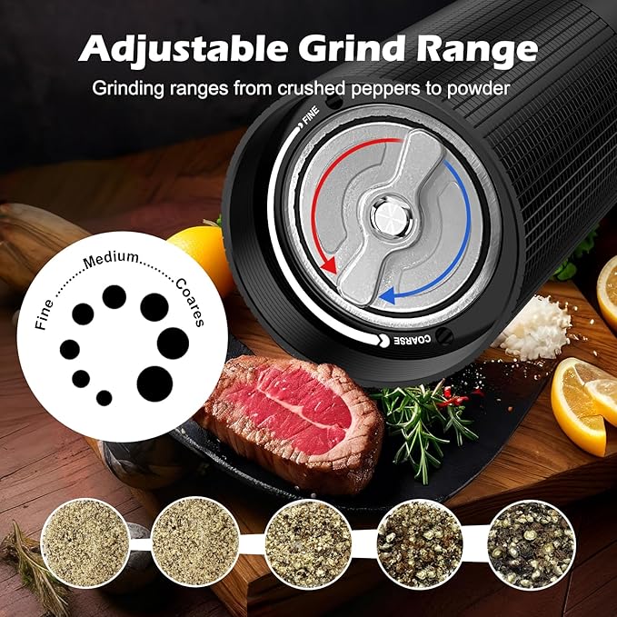 USB Rechargeable Salt and Pepper Grinder Set Electric Pepper Grinders Automatic Pepper Mills Salt Shaker Adjustable Coarseness Large Capacity One Hand Operation (BLACK)