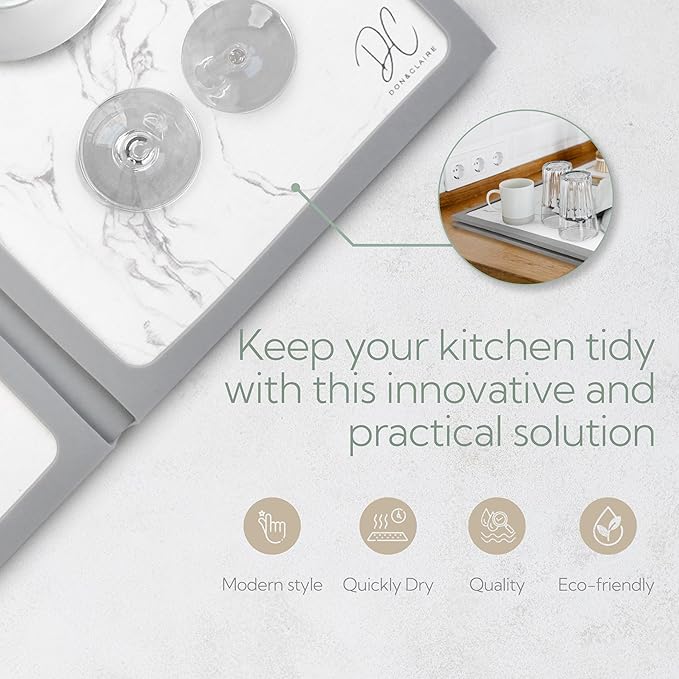 DON & CLAIRE Stone Dish Drying Mat for Kitchen Counter - Quick Drying, Super Absorbent, Non-Slip Mat for Dishes, Glassware, Fast Dry Stone Mat for Kitchen Sink, Easy to Clean | (21.5" x 16.3", Marble)