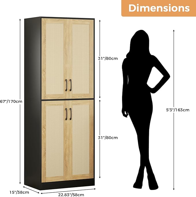 Kitchen Pantry Cabinet, 67" Tall Rattan Storage Cabinet with Doors and Adjustable Shelves, Wooden Linen Pantry Cupboard for Small Spaces Laundry Room Bathroom, Food Snack Towels Storage, Black