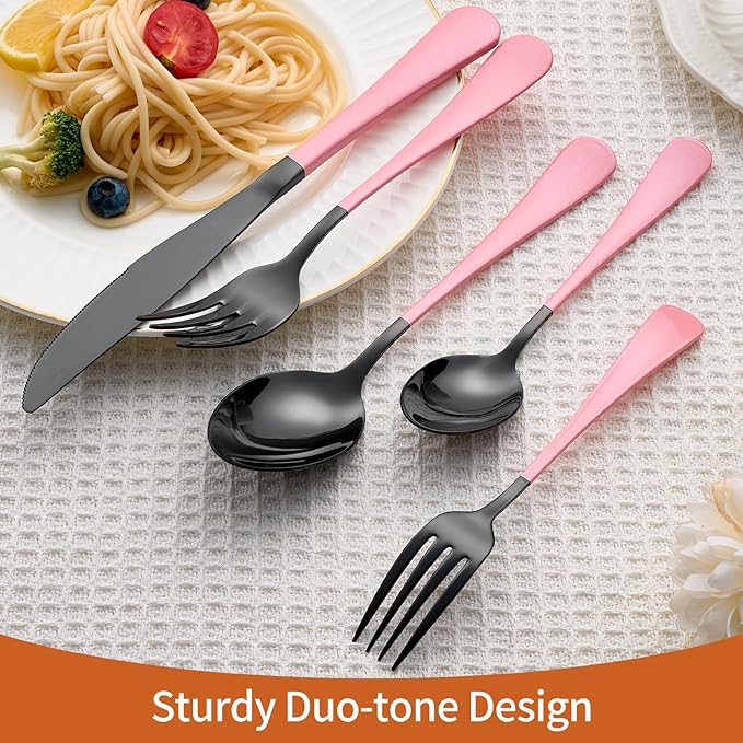20 Piece Black Pink 18/0 Flatware Utensil Set for 4, Include Dinner Knife,Dinner Forks,Dinner Spoons,Salad Forks,Teaspoons,Silverware Set for 4, Dishwasher Safe