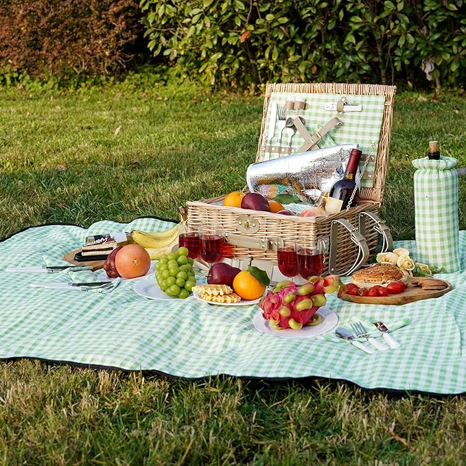 Picnic Basket for 4, Insulated Willow Picnic Baskets with Shoulder Strap, Picnic Hamper with Waterproof Picnic Blanket, Handmade Wicker Hamper for Outdoor Camping, GreenCheck