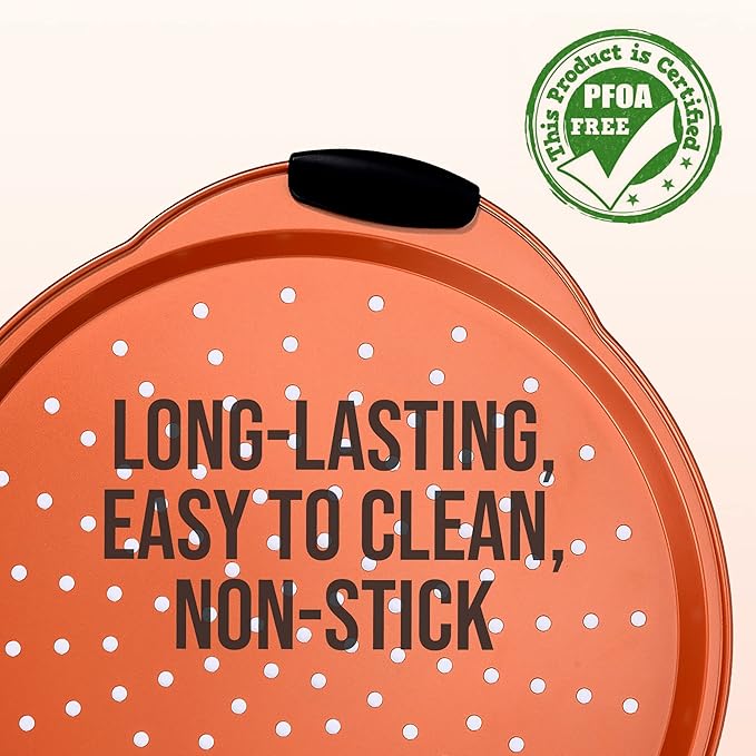 NutriChef 13-Inch Nonstick Pizza Tray - Round Carbon Steel Non-Stick Pizza Baking Pan with Perforated Holes, Premium Bakeware Pizza Screen with Silicone Grip Handles, Dishwasher Safe - Copper