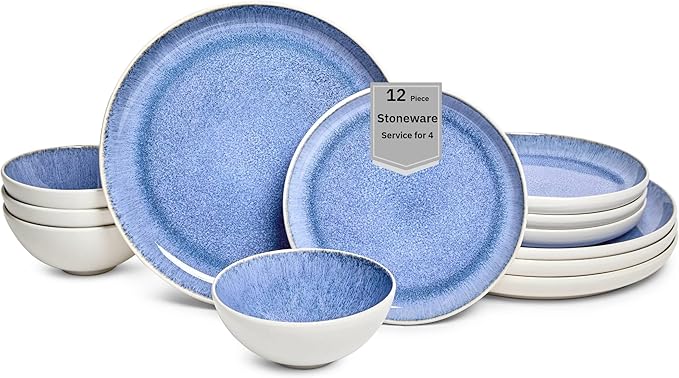 Sango Cove 12-Piece Blue Stoneware Dinnerware Set – Service for 4, Plate & Bowl Set, Blue with a White Speckled Underglaze, for Daily Dining & Entertainment, Microwave & Dishwasher Safe
