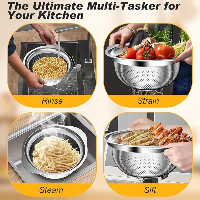Colander, Stainless Steel Colander for Kitchen, 3Pcs Kitchen Gadget Food Strainer Basket with Handle, Kitchen Strainer Colanders Bowl for Pasta Noodles Spaghetti Vegetables Fruit (2QT, 3QT, 5QT)