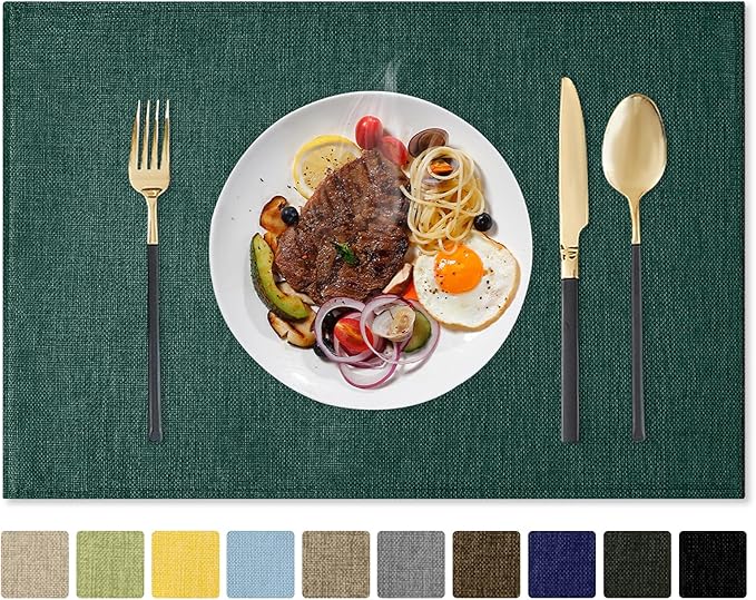 Romanstile Cloth Placemats Set of 4-12 x 18 Inch, Heat Resistant Double Layered Thickened Burlap Christmas Place Mats, Washable Linen Farmhouse Table Mats for Kitchen/Dining/Party/Outdoor, Green