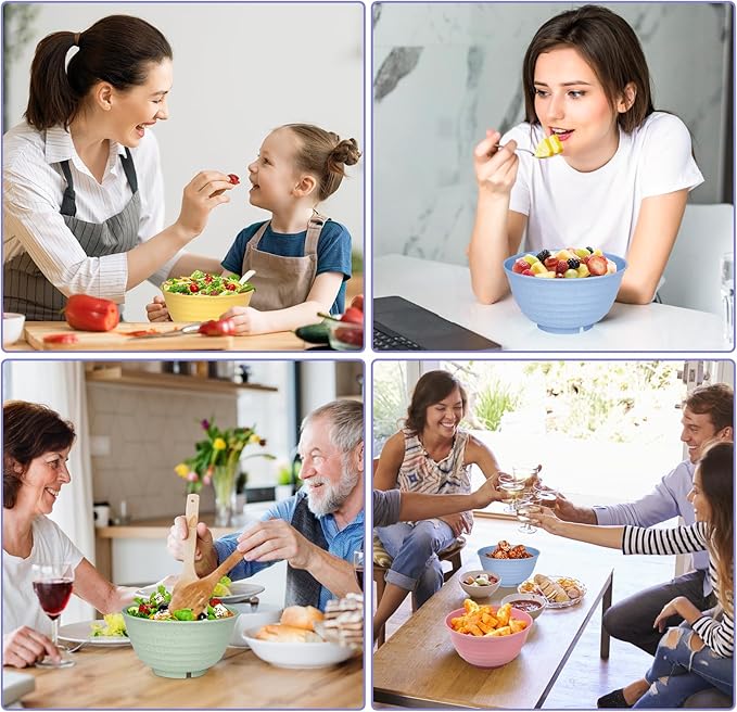 Cereal Bowls, 34 Oz Large Wheat Straw Dinnerware Sets of 6 with Spoon, Unbreakable Plastic Soup Bowls Reusable Microwave Dishwasher Safe for Salad Noodle Kitchen Breakfast, Multicolor