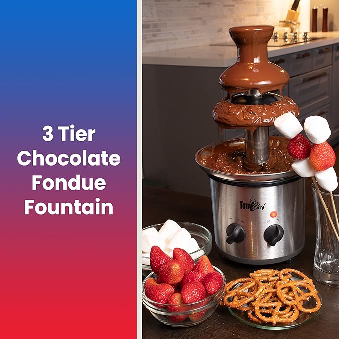 Total Chef 3 Tier Chocolate Fountain - Electric Fondue Machine, 1.5 lbs Capacity, Melts Hot Dark Dipping Chocolate for Party, Wedding & Events, Stainless Steel