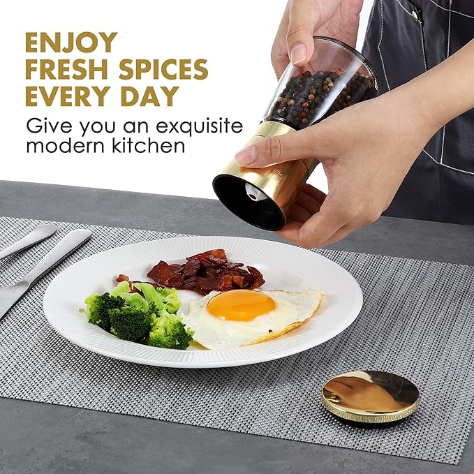 vzaahu Golden Salt and Pepper Grinders with Funnel, Brush - Adjustable Coarseness Shiny Gold Cap Seasalt Peppermill Set Refillable with Magnetic Lid, for Modern, Kitchen Decoration Gift