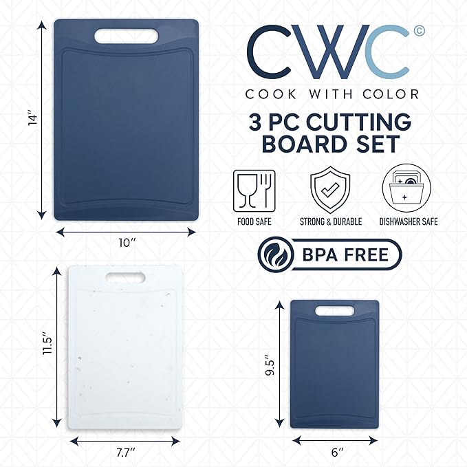 COOK WITH COLOR Non-Slip Cutting Board Set – Kitchen Essentials with Easy Grip Handle for Meat, Veggies, and Fruits, 3 Cutting Boards, Blue and White Marble