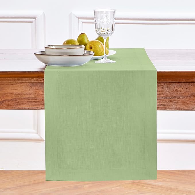 Solino Home Linen Table Runner 48 Inches - 100% Pure Linen Laurel Green Table Runner 14 x 48 Inch Ideal for Dresser and Coffee Tables - Summer, Fall, Autumn - Fete