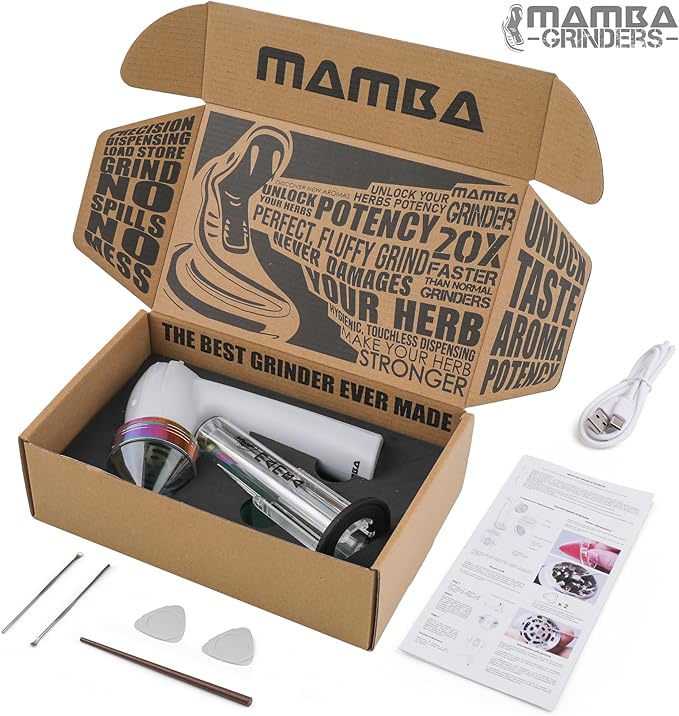 Mamba Loader XL 2g White USB Electric Herb Grinder. Small Portable Metal Herbal Machine & Spice Mill for the Kitchen