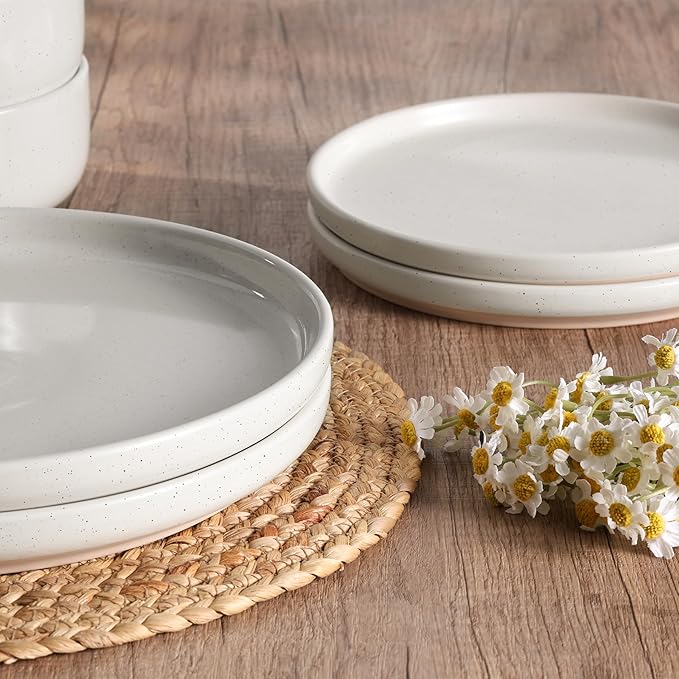 HaWare Stoneware Dinnerware Sets, 12-Piece Plates and Bowls Set for 4, Dishes Set for Home Restaurant, Speckled Milky White