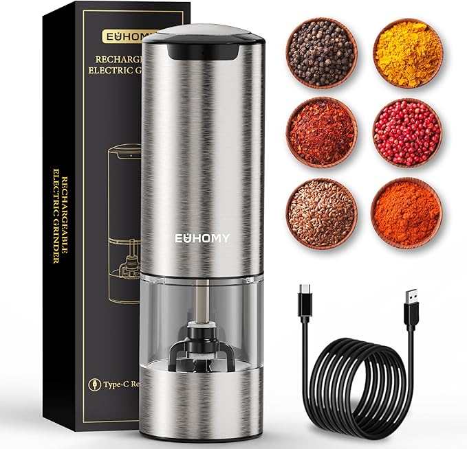 EUHOMY 1 Pack Salt and Pepper Grinder, Type-c No Battery Needed with LED Light, Adjustable Coarseness, Stainless Steel Automatic Salt Pepper Mill Grinder, One Handed Operation, Kitchen