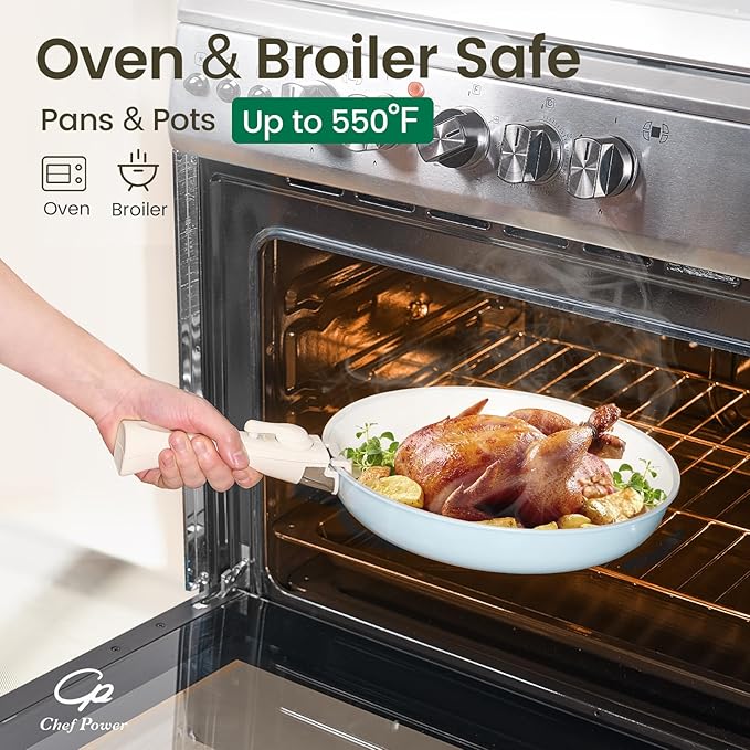 Chef Power Ceramic Nonstick Pots and Pans Set 19 Piece with Detachable Handle, Induction Dishwasher Oven Safe Cookware Set, RV Kitchen Set Removable Handle (Light Blue)