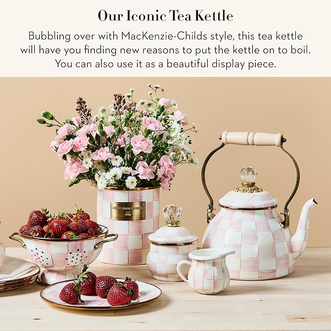MACKENZIE-CHILDS Enamel Tea Kettle, Stylish Tea Kettle for Stovetop, Pink-and-White Rosy Check, 2 Quarts