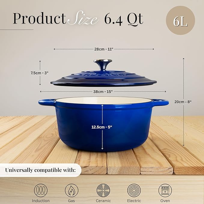 Nuovva Enamelled Cast Iron Dutch Oven Pot with Lid – 6.4 Quart Non Stick Casserole Pot – Heavy Duty & Oven Safe up to 500° F for Bread Baking, Braising, Stews, Roasting – 28cm Dark Blue