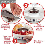 Electric Fondue Maker Deluxe Set w 4 Forks- Removable Serving Tray for Cheese & Chocolate Melting, Warming Setting- XMAS Candy Bar Melter, Holiday Party Must Have- Appetizers Desserts- Gift for Host