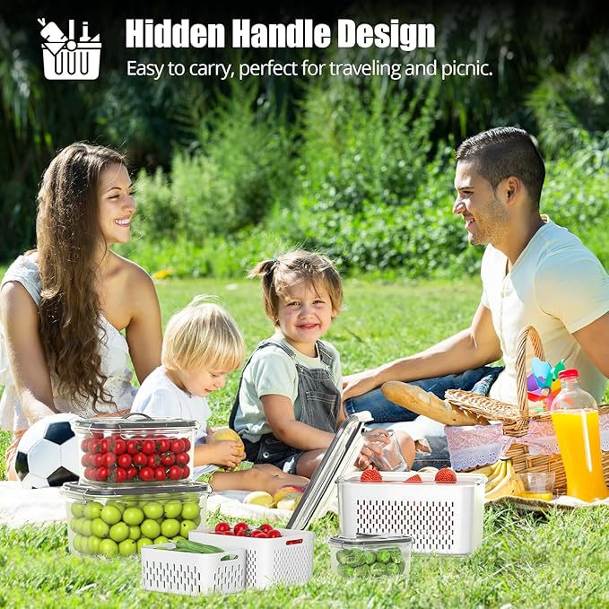 5 Pack Fruit Storage Containers for Fridge - Clear Berry Containers with Colander, Airtight Fridge Organizer Bins with Vent Handle Lids for Refrigerator Organizers and Storage Keep Fresh