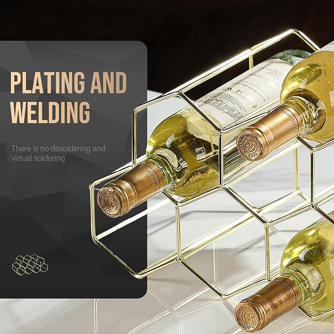 Countertop Wine Rack - 9 Bottle Freestanding Modern Gold Metal Small - 2 Tier Tabletop Wine Holder Stand for Cabinet, Pantry - Wine Racks Countertop - No Assembly Required
