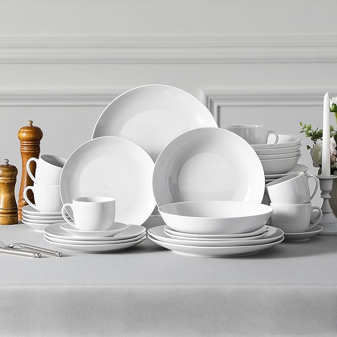 MALACASA 30-Piece Gourmet Porcelain Dinnerware Sets, Modern White Round Dish Set for 6 - Premium Serving Plates and Bowls Sets for Dessert, Salad, Soup, Pasta - Series AMELIA