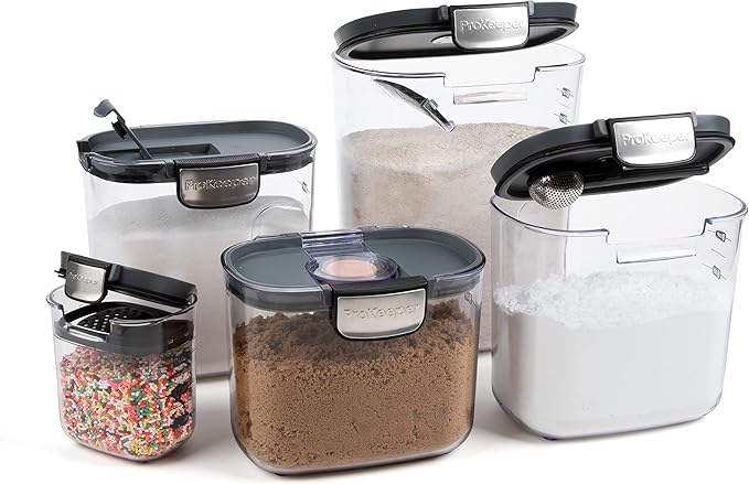 ProKeeper+ 9-Piece Airtight Food Storage Container Set – Clear Plastic Flour and Sugar Canister Set with Magnetic Accessories for Kitchen Organization (Grey, 9-Piece)
