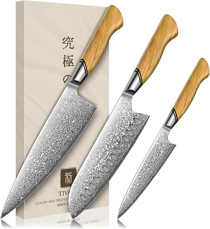 TIVOLI Damascus Kitchen Knife Set,3 PCS Japanese Chef Knife Set,VG-10 Damascus Santoku Paring Knife with Olive Wood Handle,Ideal Gift