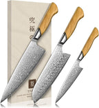 TIVOLI Damascus Kitchen Knife Set,3 PCS Japanese Chef Knife Set,VG-10 Damascus Santoku Paring Knife with Olive Wood Handle,Ideal Gift
