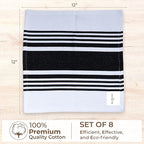 Urban Villa Dish Cloths 100% Cotton Pack of 8, Highly Absorbent Quick Drying Super Soft Premium Dish Towels for Kitchen with Hanging Loop Hand & Tea Towels - 12x12 Inch, (Black & White, Striped)