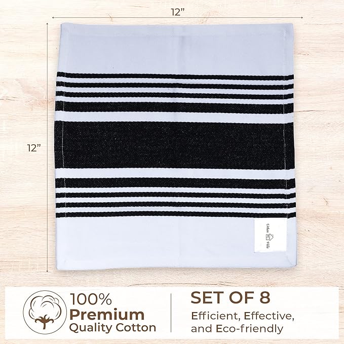 Urban Villa Dish Cloths 100% Cotton Pack of 8, Highly Absorbent Quick Drying Super Soft Premium Dish Towels for Kitchen with Hanging Loop Hand & Tea Towels - 12x12 Inch, (Black & White, Striped)