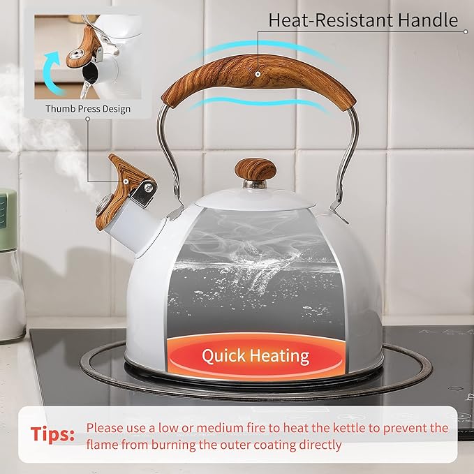 LONFFERY Tea Kettle, 2.5 Quart Whistling Tea Kettle, Tea Pots for Stove Top Food Grade Stainless Steel with Wood Pattern Folding Handle - White