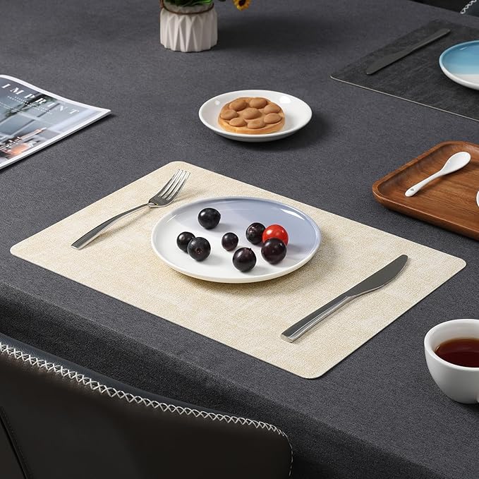 Myir JUN Placemats Dual Sided, Faux Leather Place Mats Set of 8 Indoor Placemats for Dining Table Non-Slip Washable Placemats Heat Resistant Outdoor Table Mats (Set of 8, Gray Cream)