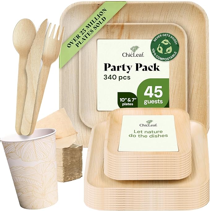 Chic Leaf Compostable Palm Leaf Plates & Cups Set - 10 In & 7 In Pack of 45, Natural - Biodegradable Tableware & Disposable Plates & Cups - Durable Bamboo Utensils