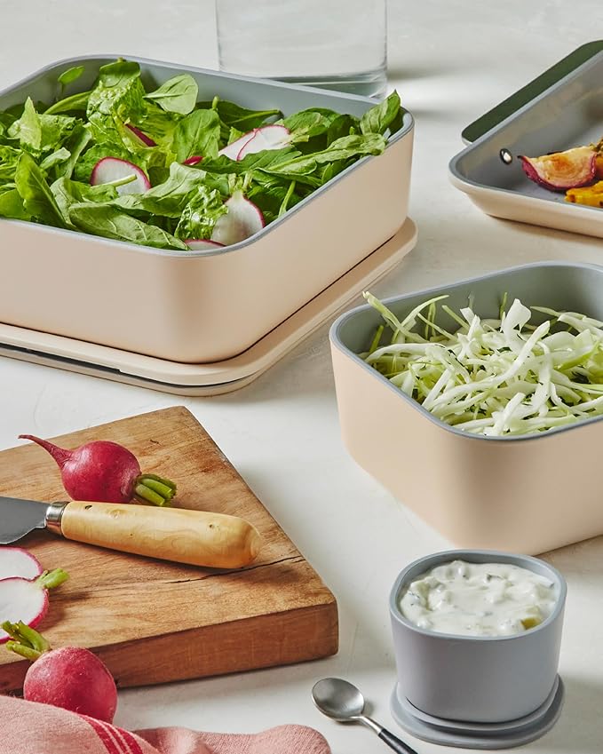 Caraway 3pc Glass Food Storage Set – 10 Cup, 6.6 Cup, & 4.4 Cup Food Containers - Ceramic Coated - Non Toxic Non Stick Lunch Box with Glass Lids - Dishwasher, Oven, & Microwave Safe - Mist