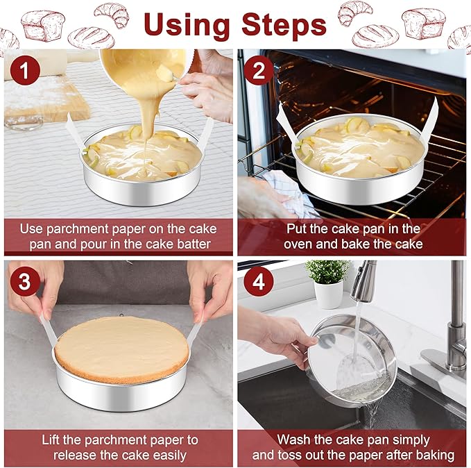 LIANYU 8 Inch Round Cake Pan for Baking, Circle Layer Cake Tin with 30 PCS Parchment Paper, Stainless Steel Bakeware for Birthday Wedding Party, Leak-proof & Mirror Finish, Dishwasher Safe