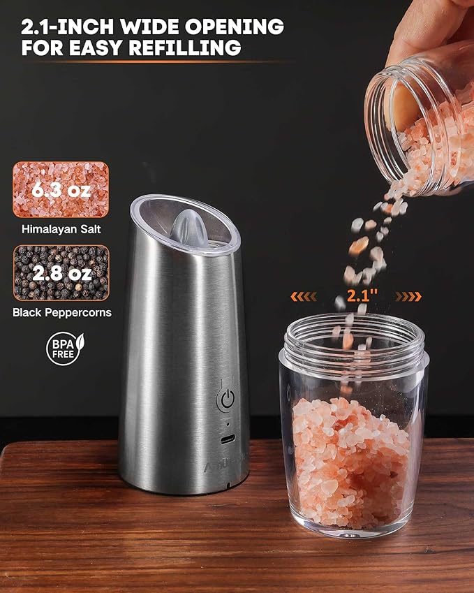 AmuseWit Gravity Electric Pepper Mill or Salt Grinder Mill [White Light] USB Rechargeable Automatic Pepper Grinder, Adjustable Coarseness, One-Handed Operation, Stainless Steel