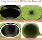 YJX 60.9oz Large Cast Iron Teapot, Big Tea Kettle for Stovetop Safe, Green Cast Iron Kettle Teapot with Stainless Steel Infuser for Loose Tea and Tea Bags(1800ml)