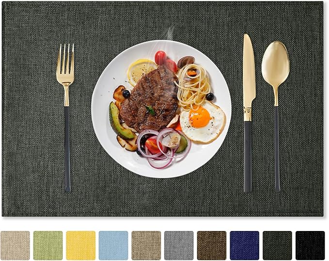 Romanstile Cloth Placemats Set of 6-12 x 18 Inch, Heat Resistant Double Layered Thickened Burlap Place Mats, Washable Faux Linen Farmhouse Table Mats for Kitchen/Dining/Party/Outdoor, Dark Grey