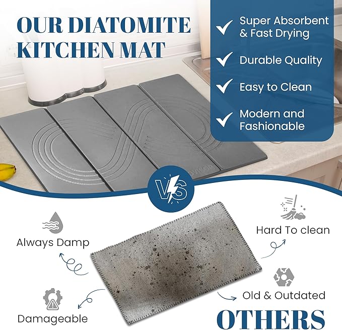 Premium Stone Dish Drying Mat – Large Foldable Kitchen Counter Mat, Super Absorbent Diatomaceous Earth with Coasters, Brush & Anti-Slip Pad – Fast Drying, Dark Gray Zen Design