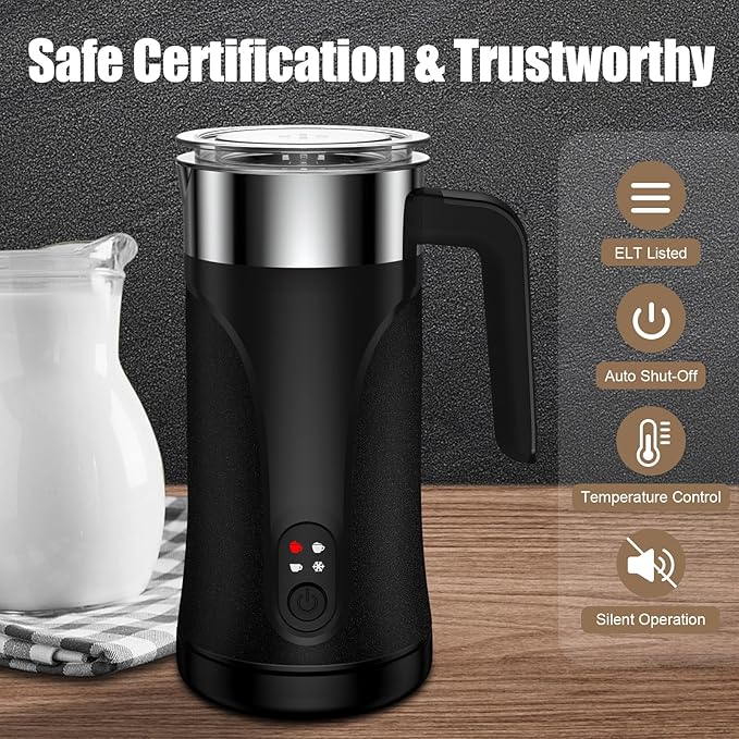 Milk Frother, 4-in-1 Milk Frother and Steamer, 10.1oz/300ml Automatic Hot and Cold Foam Maker and Milk Warmer, Electric Milk Frother for Coffee, Latte, Cappuccino, Matcha(Black)