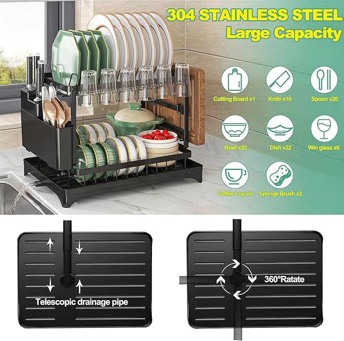 Kitchen Utensil Drying Rack with Drainage Tray, 11.8 Inches Deep × 16.5 Inches Wide Tray for Versatile Storage. Cup Organiser,Kitchen Organization and Storage