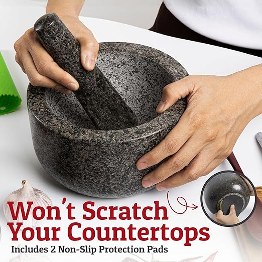 Priority Chef Heavy Duty Large Mortar and Pestle Set, 100% Granite, Non Slip Base, Make Fresh Guacamole, Salsa, Pesto, Stone Grinder Bowl, Herb Crusher, Spice Grinder, 4 Cup - Black