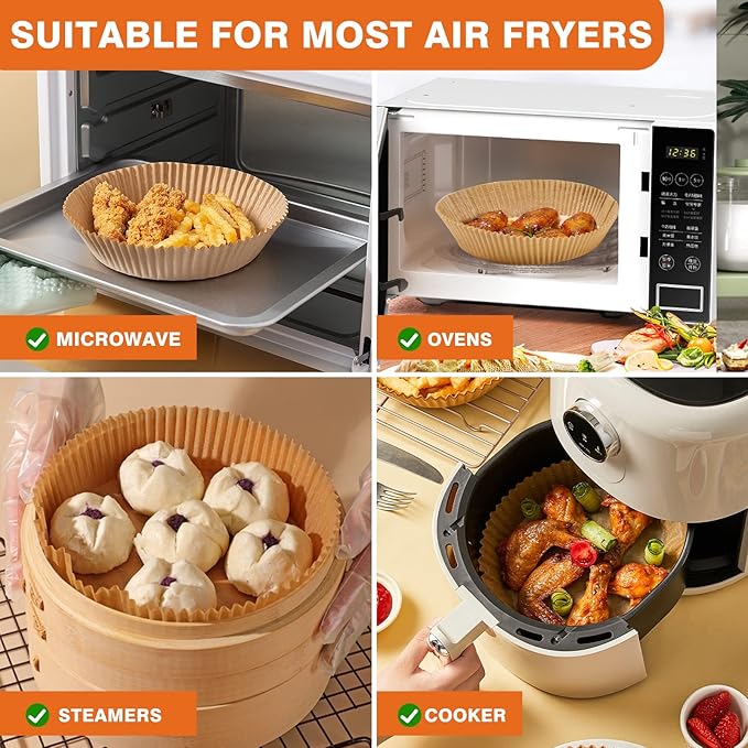 Vailnd Disposable Air Fryer Paper Liners, 9 Inch Max Xl Large Cooker Airfryer Parchment Paper Liners, 100Pcs Oil Proof Round Basket Bowl Liner Baking Paper for 8-12 QT Air Fryer Microwave